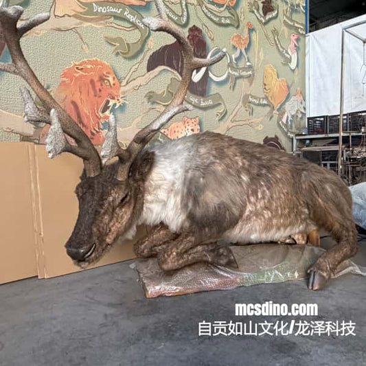 Taxidermy deer with large antlers in a room with dinosaur-themed decor.