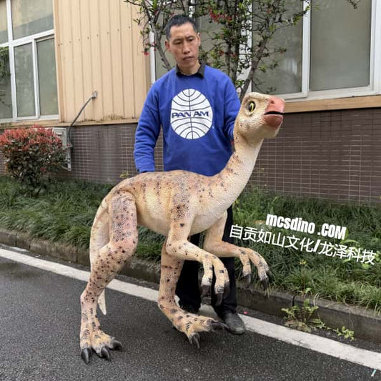 Person in a blue sweater standing next to a dinosaur costume on a street.