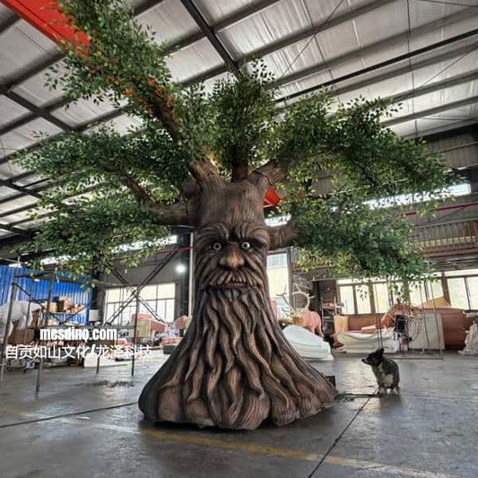 Tree-like sculpture with a face in an indoor setting