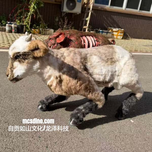 A realistic running zombie sheep prop with a decaying, exposed-bone horror design, shown outdoors on asphalt with a brick building and plants in the background.