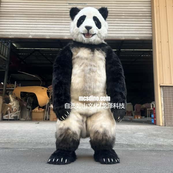 Panda costume in front of a garage door with visible branding.