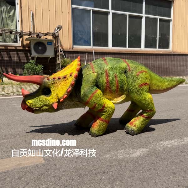 Colorful dinosaur costume on a person standing on a street