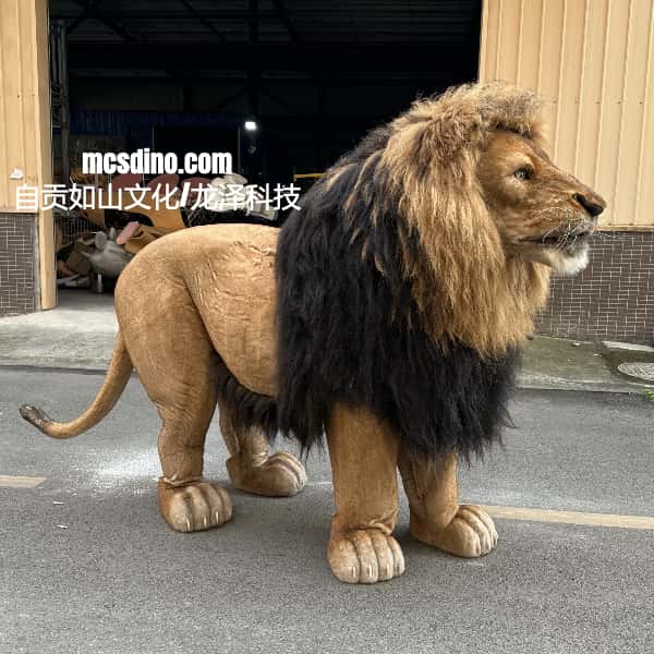 Life-sized lion costume on a street with visible branding.