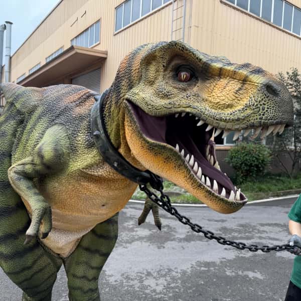 Person in a dinosaur costume being pulled by a chain in an urban setting