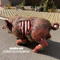 Load image into Gallery viewer, A realistic horror prop of a hairy pig with a bloody open wound showing exposed ribs, photographed outdoors on pavement with potted plants in the background.
